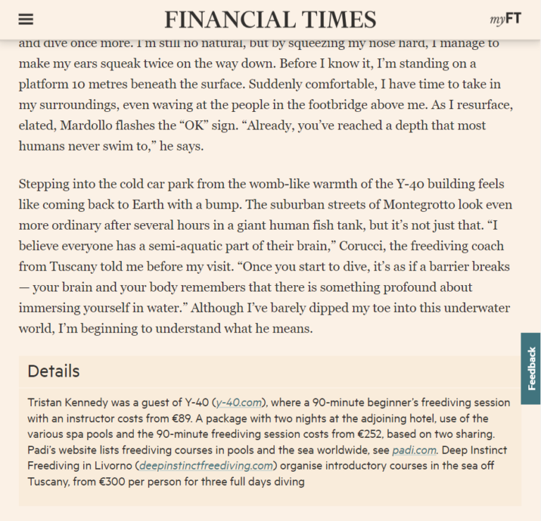 Deep Instinct Freediving citata sul Financial Times